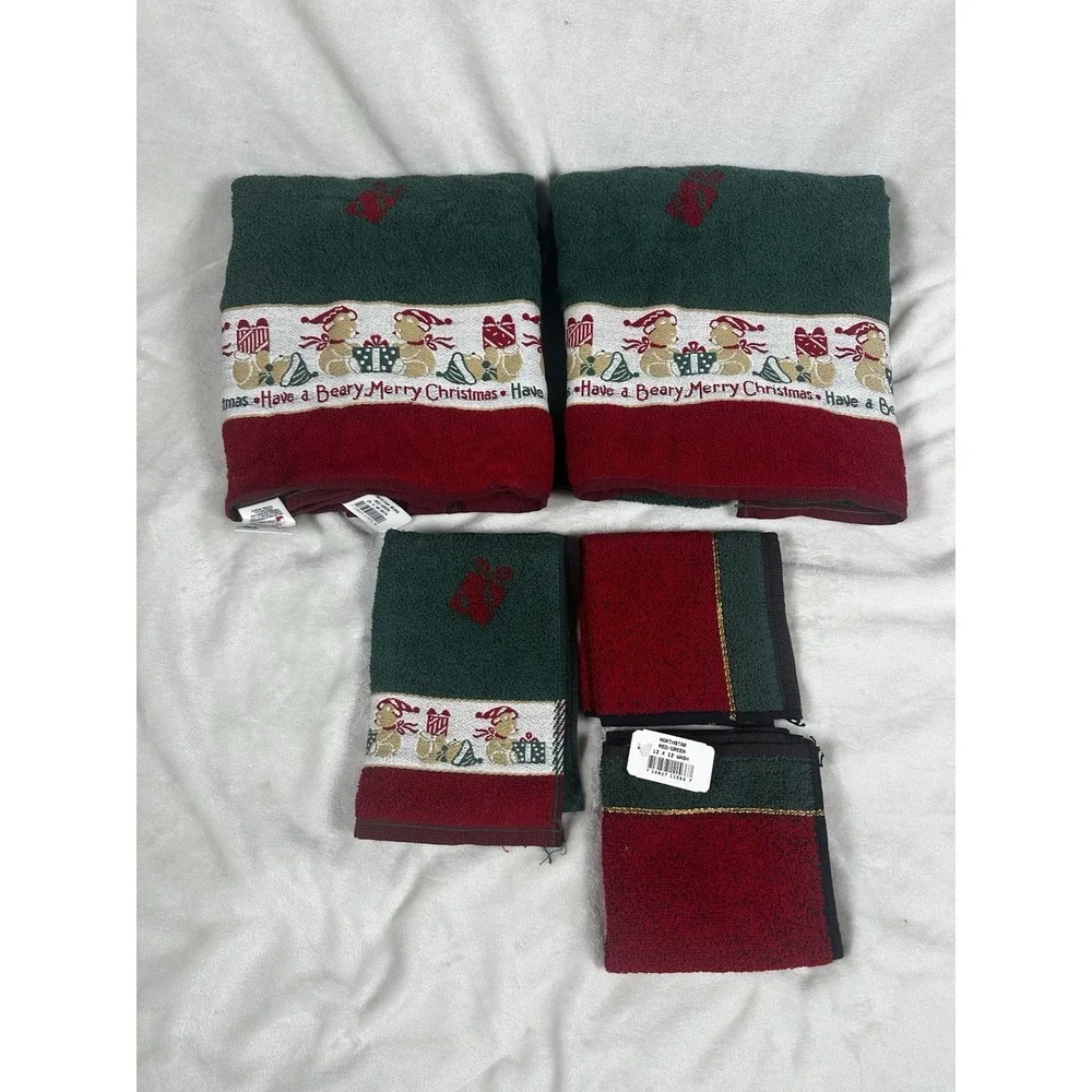 Vintage Christmas Bears Bath Towel Set Santas Best Beary Merry Holiday  5-piece